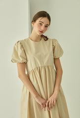 Puff Sleeve Linen Midi Dress with Gathered Waist and Crew Neckline for Feminine Everyday Wear