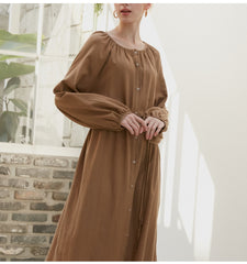 Women's Long Sleeve Midi Dress in Viscose Blend with Button-Front and Drawstring Waist