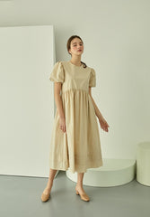 Puff Sleeve Linen Midi Dress with Gathered Waist and Crew Neckline for Feminine Everyday Wear