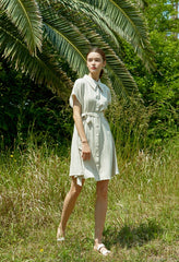 Short Sleeve Linen Shirt Dress with Front Buttons, Pointed Collar, and Adjustable Tie Waist Belt
