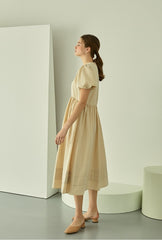 Puff Sleeve Linen Midi Dress with Gathered Waist and Crew Neckline for Feminine Everyday Wear