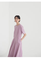 Elegant Short-Sleeve Linen Midi Dress with Flattering Waist Detail and Lightweight Comfort
