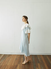 Linen Dress with Oversized Ruffle Collar and Asymmetric Hemline for Soft Feminine Statement Style