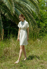 Short Sleeve Linen Shirt Dress with Front Buttons, Pointed Collar, and Adjustable Tie Waist Belt