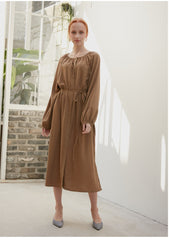 Women's Long Sleeve Midi Dress in Viscose Blend with Button-Front and Drawstring Waist