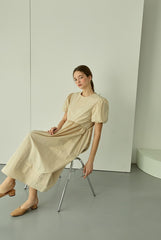 Puff Sleeve Linen Midi Dress with Gathered Waist and Crew Neckline for Feminine Everyday Wear