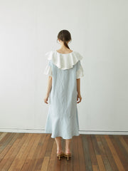 Linen Dress with Oversized Ruffle Collar and Asymmetric Hemline for Soft Feminine Statement Style