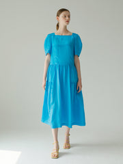 Square Neck Puff Sleeve Linen Dress With Gathered Skirt