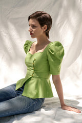 Structured Linen Peplum Top with Puff Sleeves and Asymmetrical Button Detail