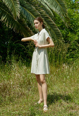 Short Sleeve Linen Shirt Dress with Front Buttons, Pointed Collar, and Adjustable Tie Waist Belt
