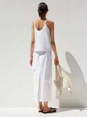 High-Waisted Linen Midi Skirt with Wrap Detail and Back Slit – Lightweight Summer Essential