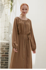 Women's Long Sleeve Midi Dress in Viscose Blend with Button-Front and Drawstring Waist