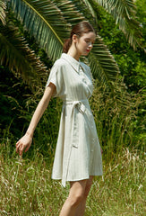 Short Sleeve Linen Shirt Dress with Front Buttons, Pointed Collar, and Adjustable Tie Waist Belt