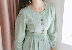 Tailored Linen Blouse with Pleated Waist and Decorative Front Buttons for Women