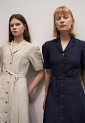 Women's Short Sleeve Linen Shirt Dress – Button Front Midi Dress with Belted Waist