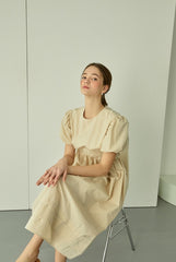 Puff Sleeve Linen Midi Dress with Gathered Waist and Crew Neckline for Feminine Everyday Wear