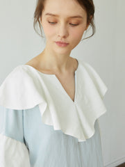 Linen Dress with Oversized Ruffle Collar and Asymmetric Hemline for Soft Feminine Statement Style