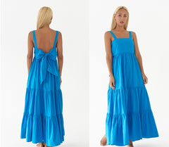 Sleeveless Linen Tiered Maxi Dress with Open Back Bow Detail