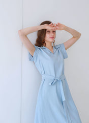 Collared Midi Linen Dress with Short Sleeves and Flared Hemline