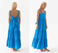 Sleeveless Linen Tiered Maxi Dress with Open Back Bow Detail