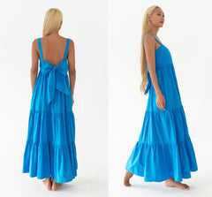 Sleeveless Linen Tiered Maxi Dress with Open Back Bow Detail