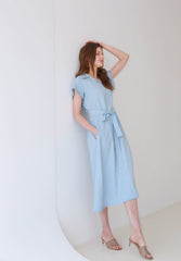 Collared Midi Linen Dress with Short Sleeves and Flared Hemline