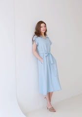 Collared Midi Linen Dress with Short Sleeves and Flared Hemline