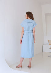 Collared Midi Linen Dress with Short Sleeves and Flared Hemline