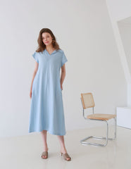Collared Midi Linen Dress with Short Sleeves and Flared Hemline