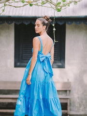 Sleeveless Linen Tiered Maxi Dress with Open Back Bow Detail