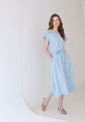 Collared Midi Linen Dress with Short Sleeves and Flared Hemline