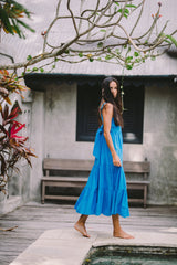 Sleeveless Linen Tiered Maxi Dress with Open Back Bow Detail