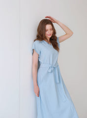 Collared Midi Linen Dress with Short Sleeves and Flared Hemline
