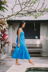 Sleeveless Linen Tiered Maxi Dress with Open Back Bow Detail