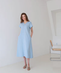 Collared Midi Linen Dress with Short Sleeves and Flared Hemline