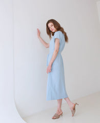 Collared Midi Linen Dress with Short Sleeves and Flared Hemline