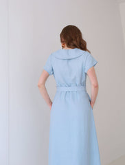 Collared Midi Linen Dress with Short Sleeves and Flared Hemline