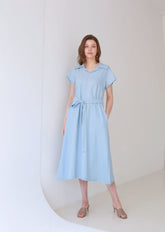 Collared Midi Linen Dress with Short Sleeves and Flared Hemline