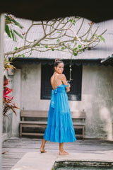 Sleeveless Linen Tiered Maxi Dress with Open Back Bow Detail