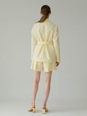 Tailored Linen Short Skirt For Women - High-Waisted A-Line Linen Skirt With Overlap Detail