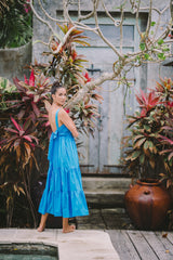 Sleeveless Linen Tiered Maxi Dress with Open Back Bow Detail