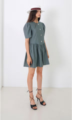Linen Midi Dress With Wide Collar Neckline, Front Button Detailing, And Sleeveless Design