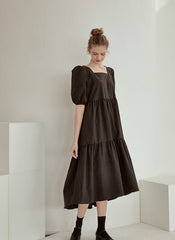 Tiered Cotton Poplin Puff Sleeve Dress with Square Neckline and High-Low Hemline for Women