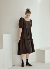 Tiered Cotton Poplin Puff Sleeve Dress with Square Neckline and High-Low Hemline for Women