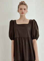 Tiered Cotton Poplin Puff Sleeve Dress with Square Neckline and High-Low Hemline for Women