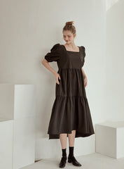 Tiered Cotton Poplin Puff Sleeve Dress with Square Neckline and High-Low Hemline for Women