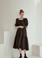 Tiered Cotton Poplin Puff Sleeve Dress with Square Neckline and High-Low Hemline for Women