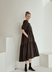 Tiered Cotton Poplin Puff Sleeve Dress with Square Neckline and High-Low Hemline for Women