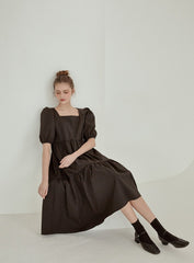 Tiered Cotton Poplin Puff Sleeve Dress with Square Neckline and High-Low Hemline for Women