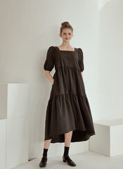 Tiered Cotton Poplin Puff Sleeve Dress with Square Neckline and High-Low Hemline for Women